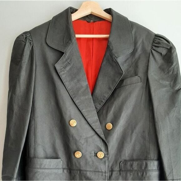 VINTAGE Genuine Leather Jacket Blazer Pleated Shoulders Sz M | Eur 38 - Picture 2 of 16